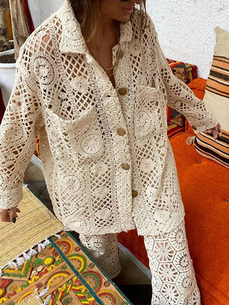 Loose Lace Crochet Shirt - HIgh end