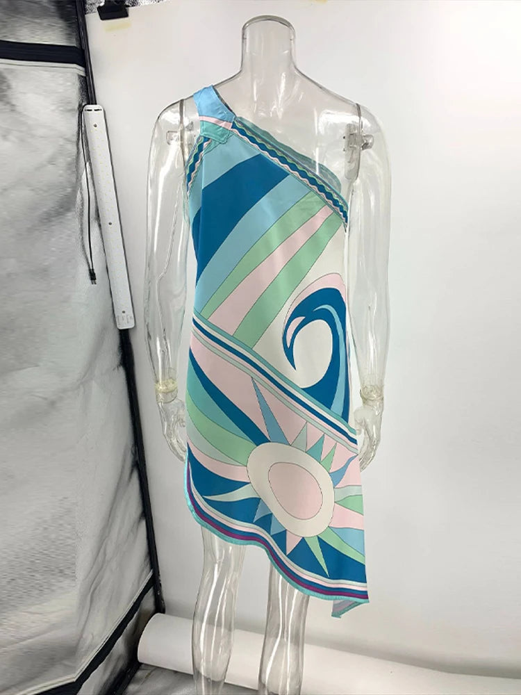 Casual Printed One Shoulder Women's Short Dress Asymmetric Sleeveless Backless Beach Dresses 2026 Summer Lady Vacation Vestidoes