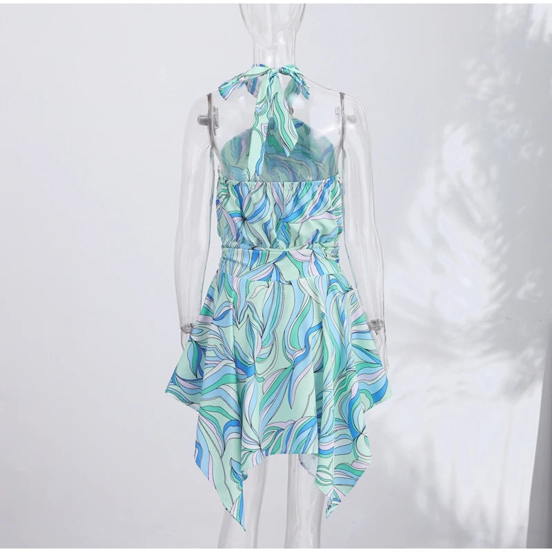 Print Women Dress Backless Mini Dress Halter High Waist Dresses Flared Skirt Hem Waist Shaping Slimming Casual Trendy Street Sty
