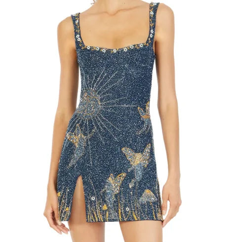 Women Pearl Embroidery Printing Printed Butterfly Sun Small Slit Short Dress Elegant Fashionable Sexy Suitable For Parties Dress