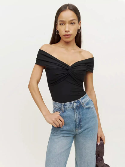 Twist Front Bardot Top for Women, Slash Neck