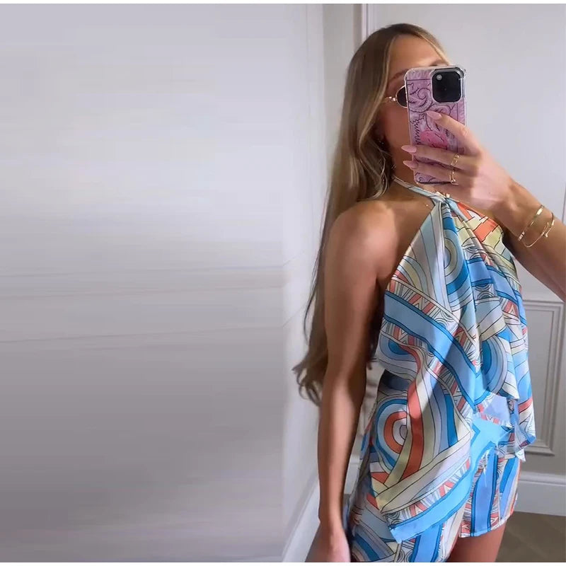 Sexy Women's Satin Printed Vest Shorts Set Lace Up Backless Strapless Crop Tops High Waist Short Pant 2026 Summer Beach Suit