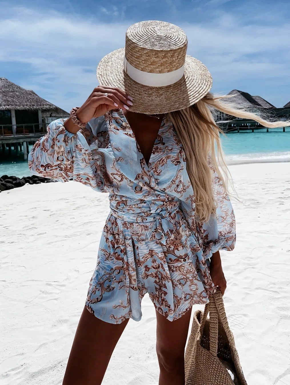 Boho Chic V-Neck Lantern Sleeve Romper