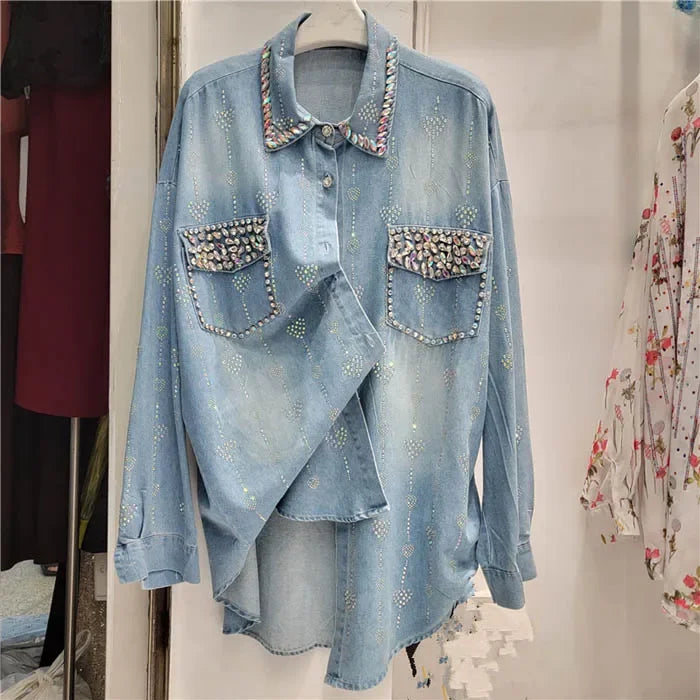 Rhinestone Diamond Turn Down Collar Denim Blouse