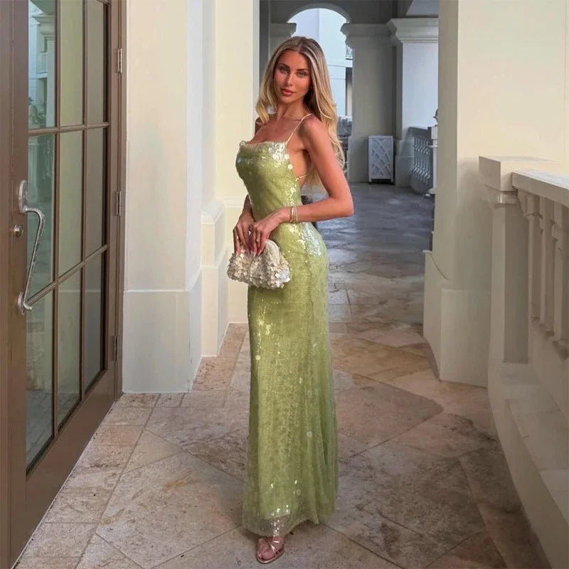 Sequin Deep V-neck Long Dress Women Chic Sleeveless Spaghetti Strap Backless Mermaid Robes Lady Sexy Evening New Party Dresses