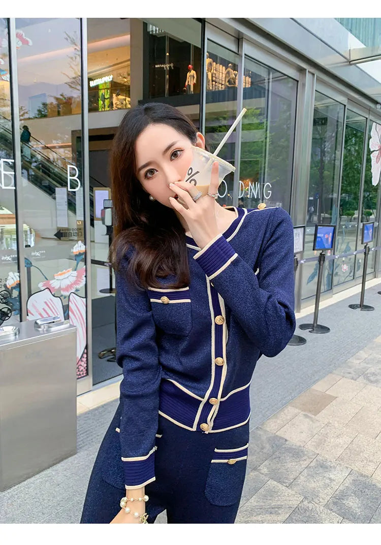 Luxury Elegant Trousers Suit Knitted Bright Cardigan set