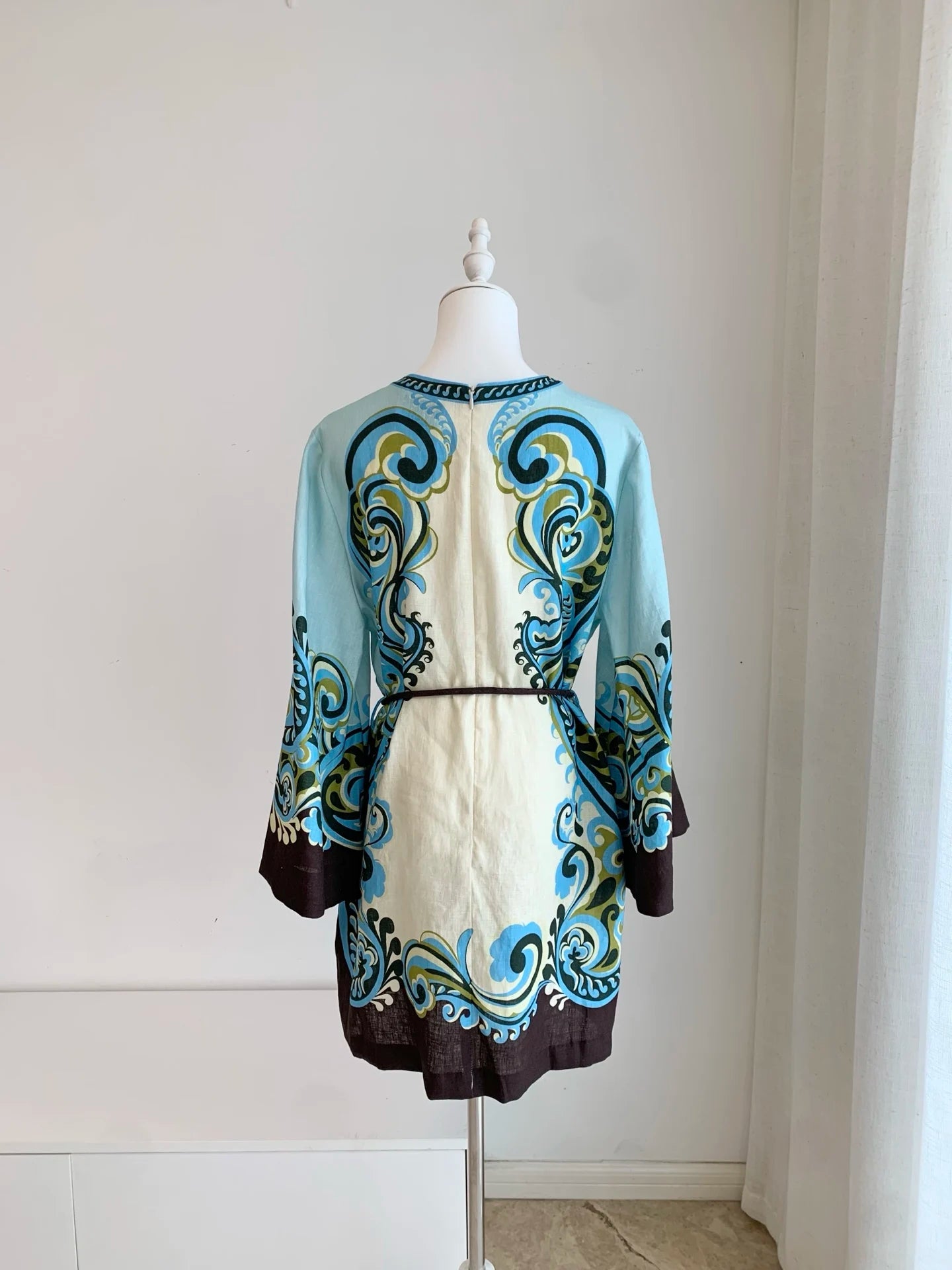 Linen Women Printed Mini Robe V-neck Short Sleeve Waist Rope Tie Loose Dress