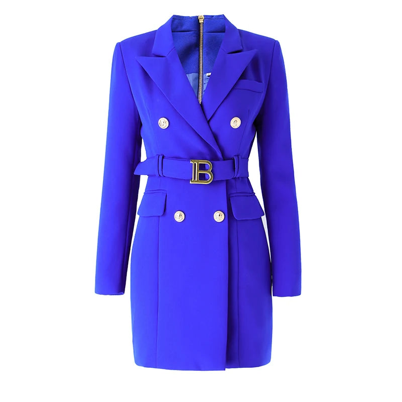 Blazer Dress with Belt Luxury Buttons with Back Zipper