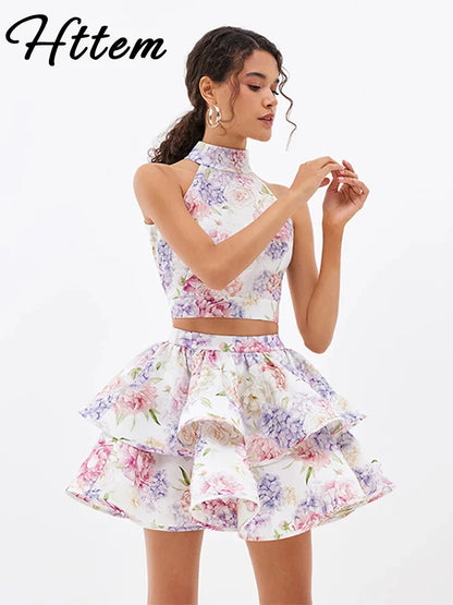 1 Sexy Print TOP & Ruffle Mini Skirt Set