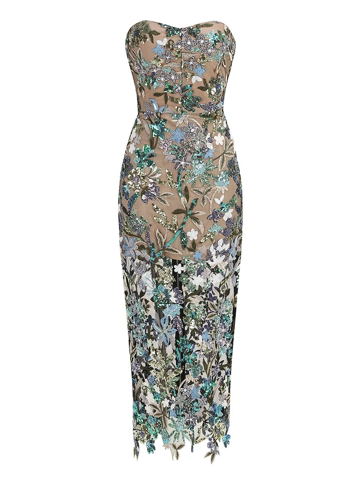 Sexy Strapless Floral Sequin Long Dress