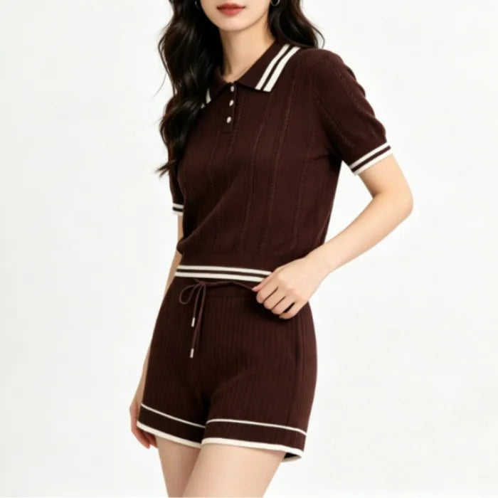Summer 2026 Ice Silk Knitted  Collar Short Sleeve Shorts Set Women's Casual Loose Fit Striped Pattern Button Closure