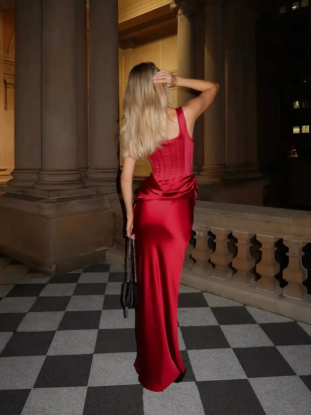 Women Satin Fishbone Corset Dress Elegant Sleeveless Off Shoulder Patchwork Slim Maxi Sling Vestidos Lady Fashion Party Gowns - Shellss