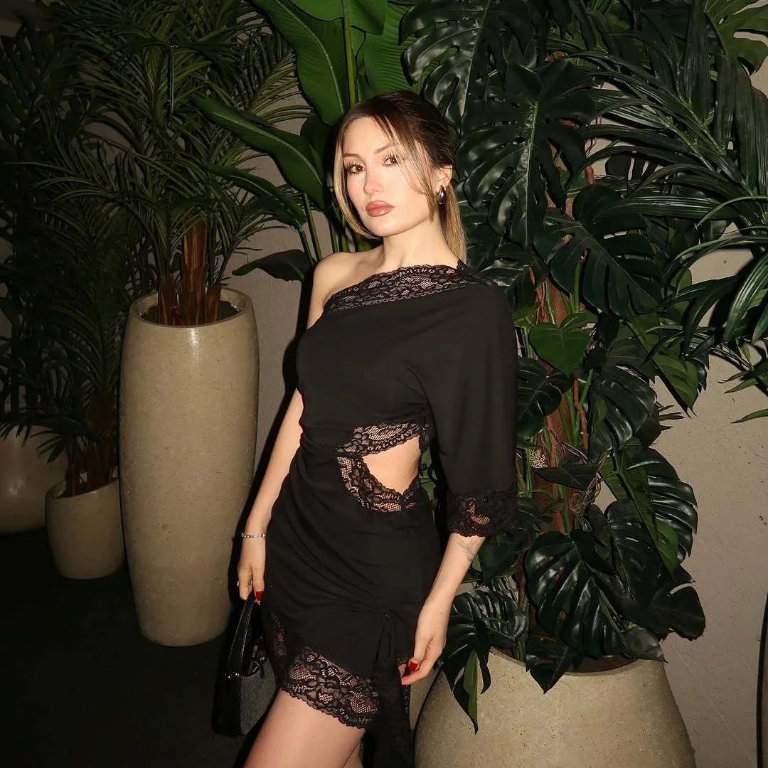 Sexy Lace Splice Bodycon Dress Asymmetrical Short Skirt Polyester Fabric Pure Color Summer 2026 Cross-Border Elegant Draped Gown