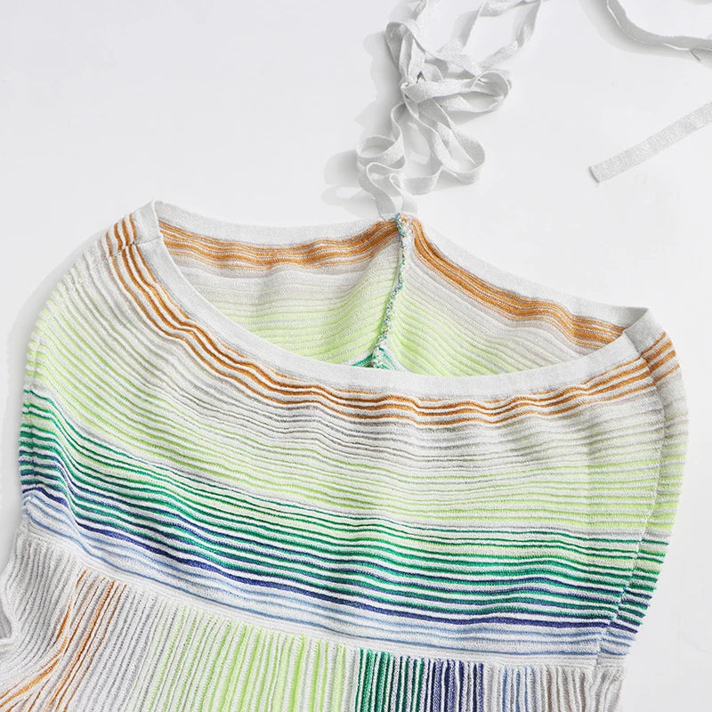 TWOTWINSTYLE Colorblock Spliced Striped Fashion Dresses for Women Halter Neck Sleeveless Patchwork Bright Silk Dress Female New