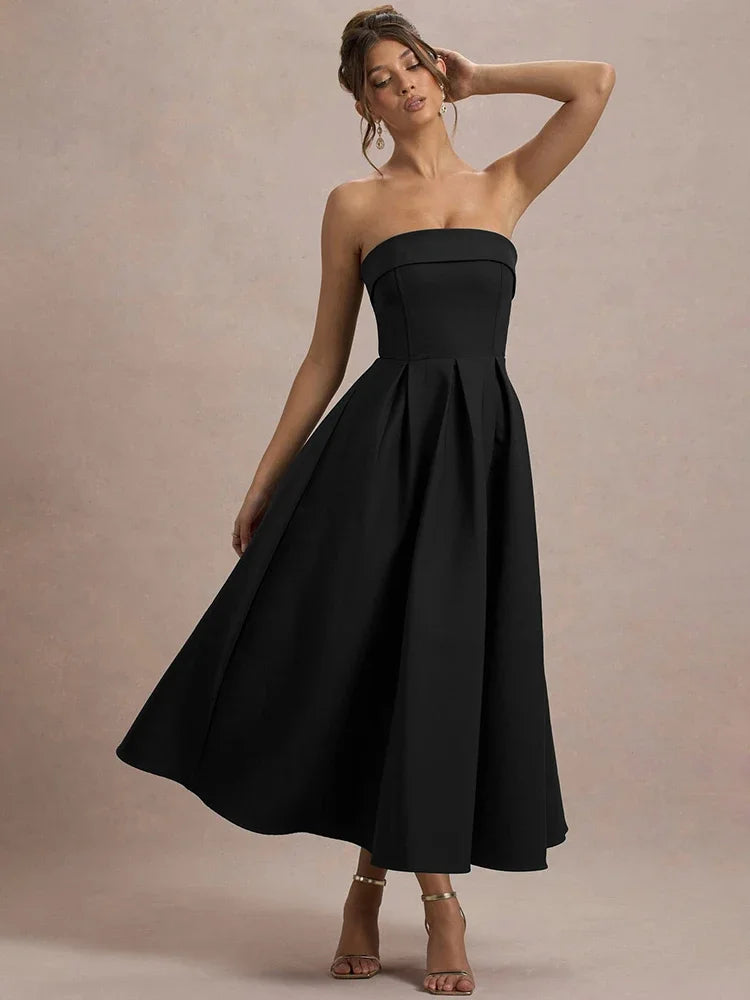 Off-shoulder Strapless Sexy Midi Dress Women Fashion Elegant Sleeveless Backless High Waist A-line Club Party Dress New - Shellss