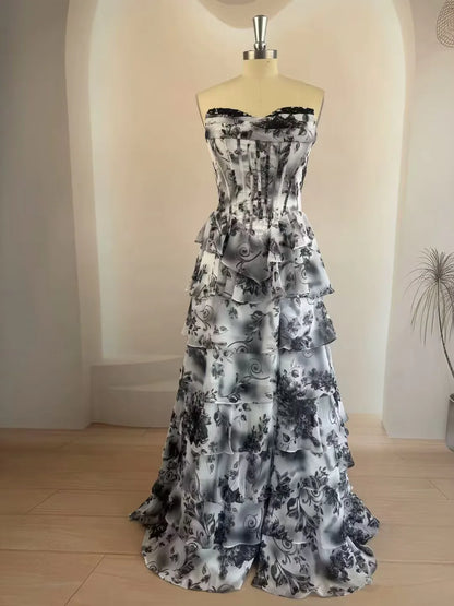 Strapless Evening Dresses Floral Tiered Ruffle