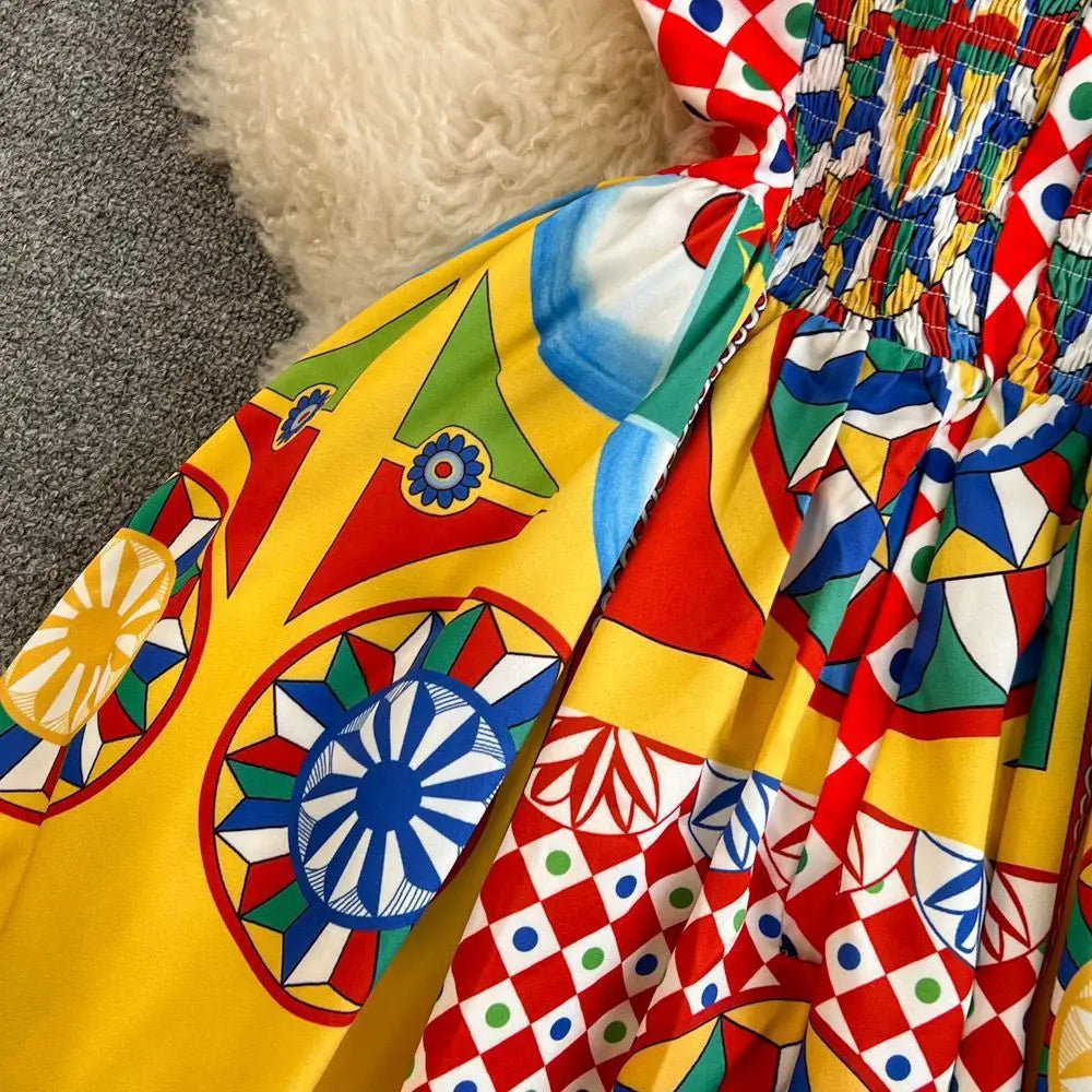 Multicolor Dolce Print Yellow Long Dress