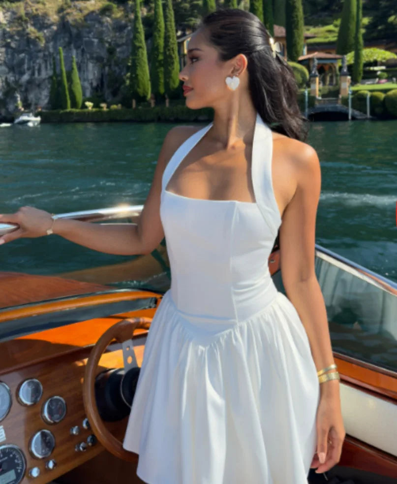 White halter neck dress