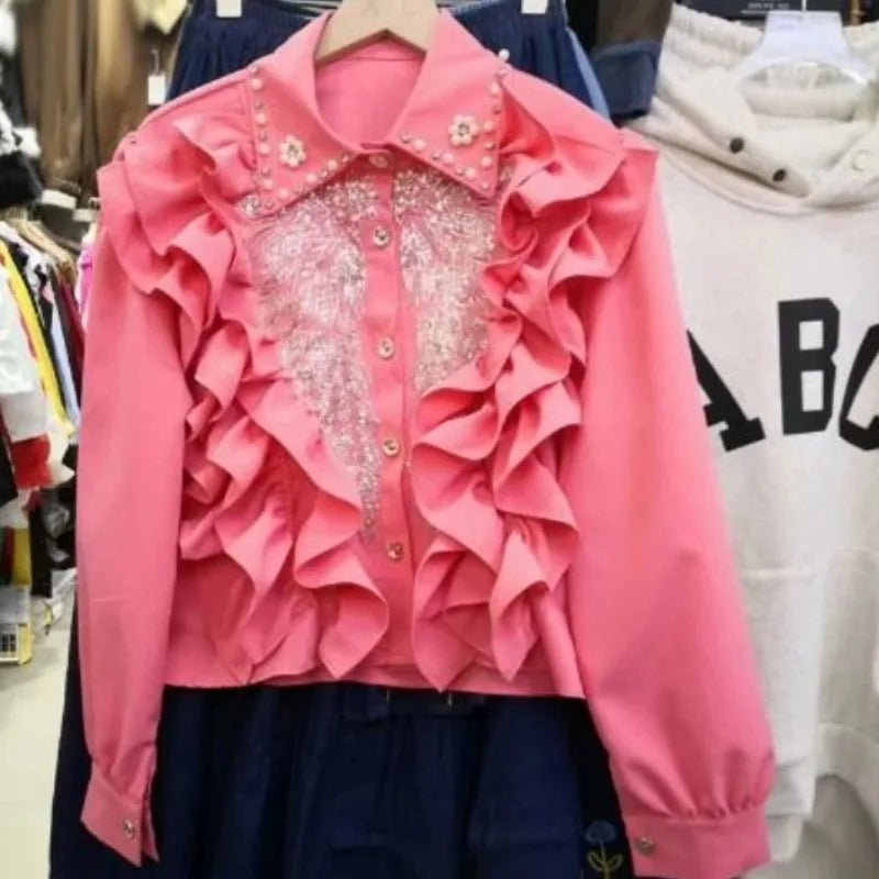 Neploe Heavy Beading Sequin Wing Shirt for Women 2024 New Lapel Neck Black Blouses Y2k Long Sleeve Ruffles Blusas Mujer