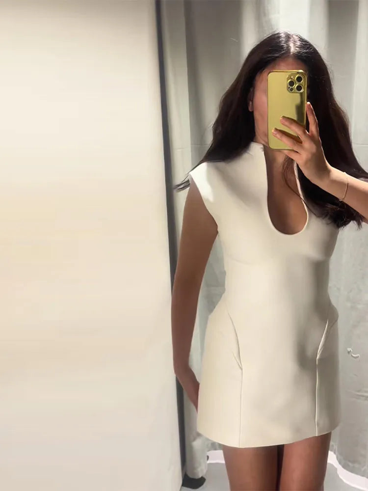 Elegant Slim Women's Dress Stand Collar Hollow Out Sleeveless Waist-Closed Lady Mini Dresses 2026 Spring Summer Female Robe
