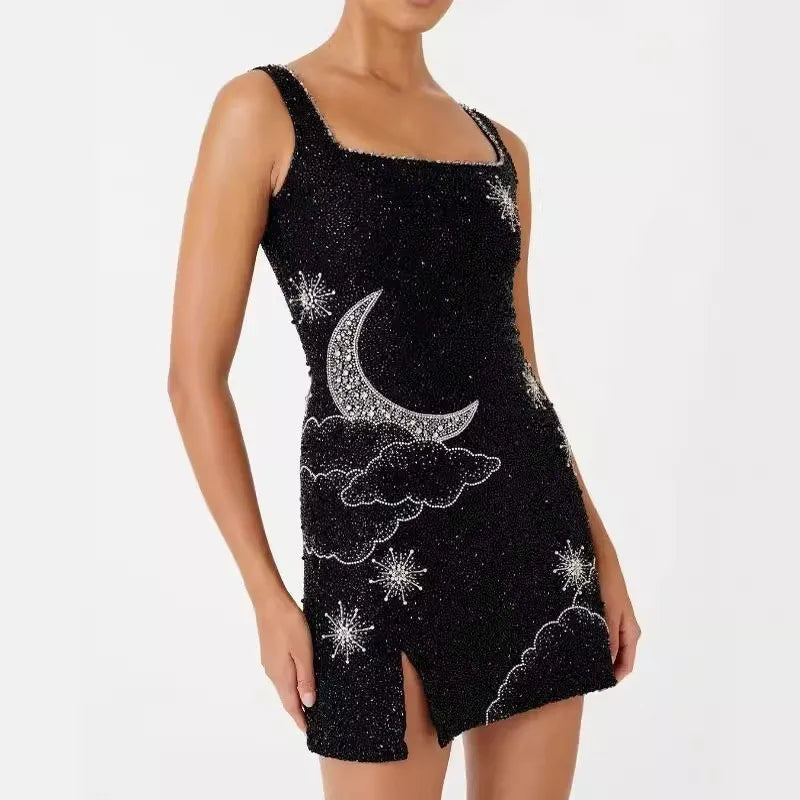 Sexy Shining 3d Printed Party Dress Women Slim Halter Side Split Square Mini Dresses Female Sleeveless Backless Chic Lady Gowns