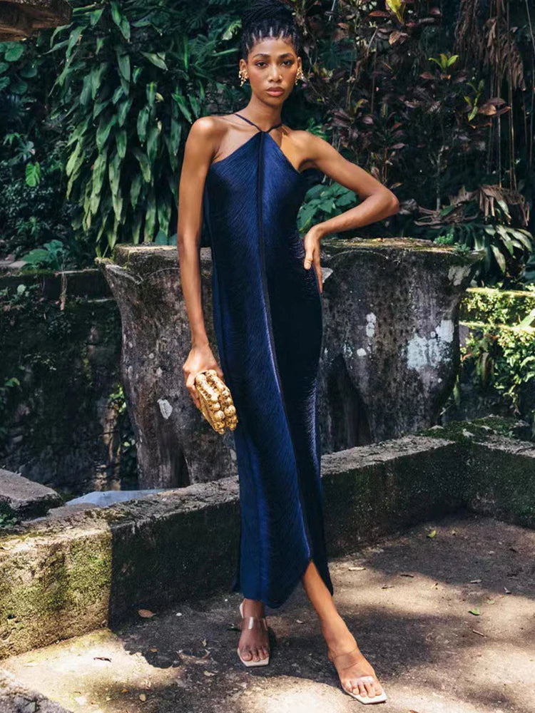 Halter Backless Solid Vintage Bodycon Long Dress