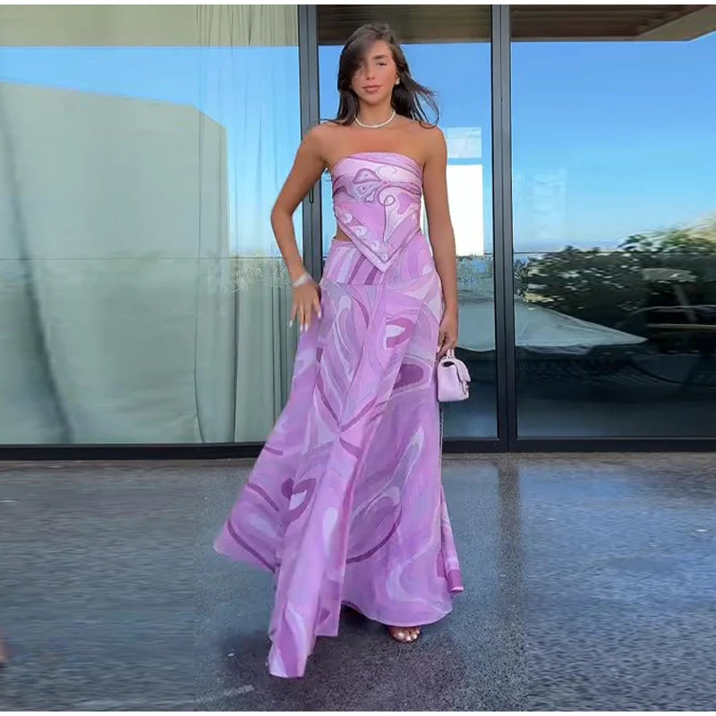 Printed Strapless Pink Skirt Set