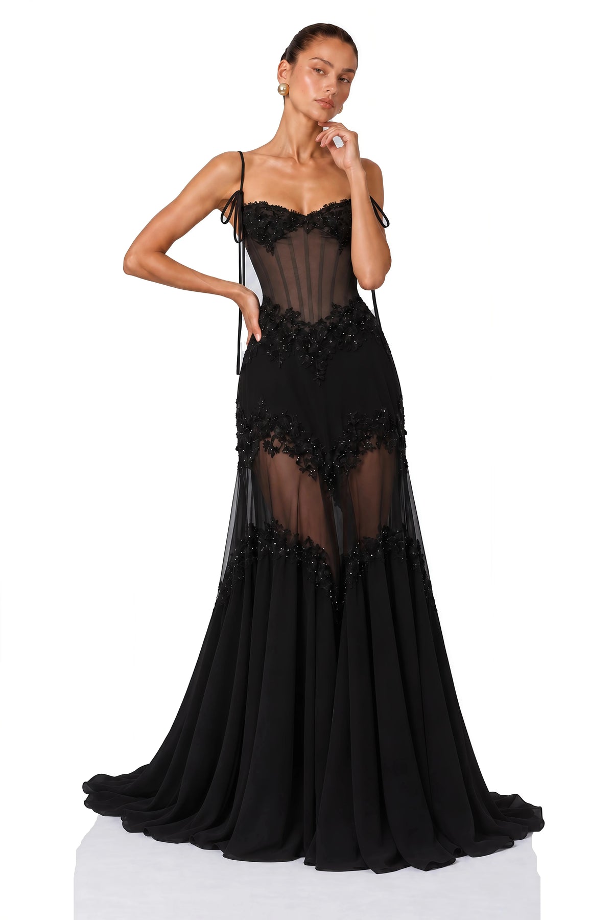 2026 New Black Spaghetti Strap Corset Evening Gown, 3D Floral Beaded Lace Sheer Mermaid Maxi Dress Prom Wedding Guest Red Carpet - Shellss