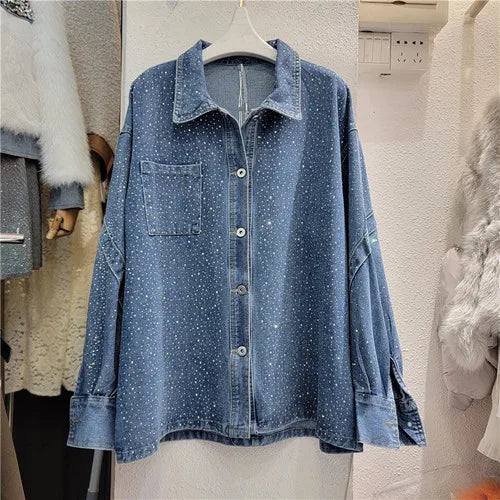 European Goods Heavy Hot Drilling Denim Coat Women's Fashion All-Match Mid-Length Slim Shirt Streetwear Loose Ladies Top Winter