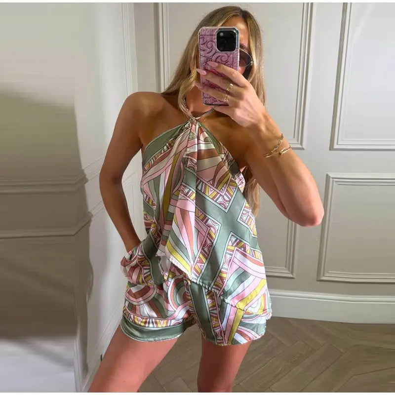 Sexy Women's Satin Printed Vest Shorts Set Lace Up Backless Strapless Crop Tops High Waist Short Pant 2026 Summer Beach Suit
