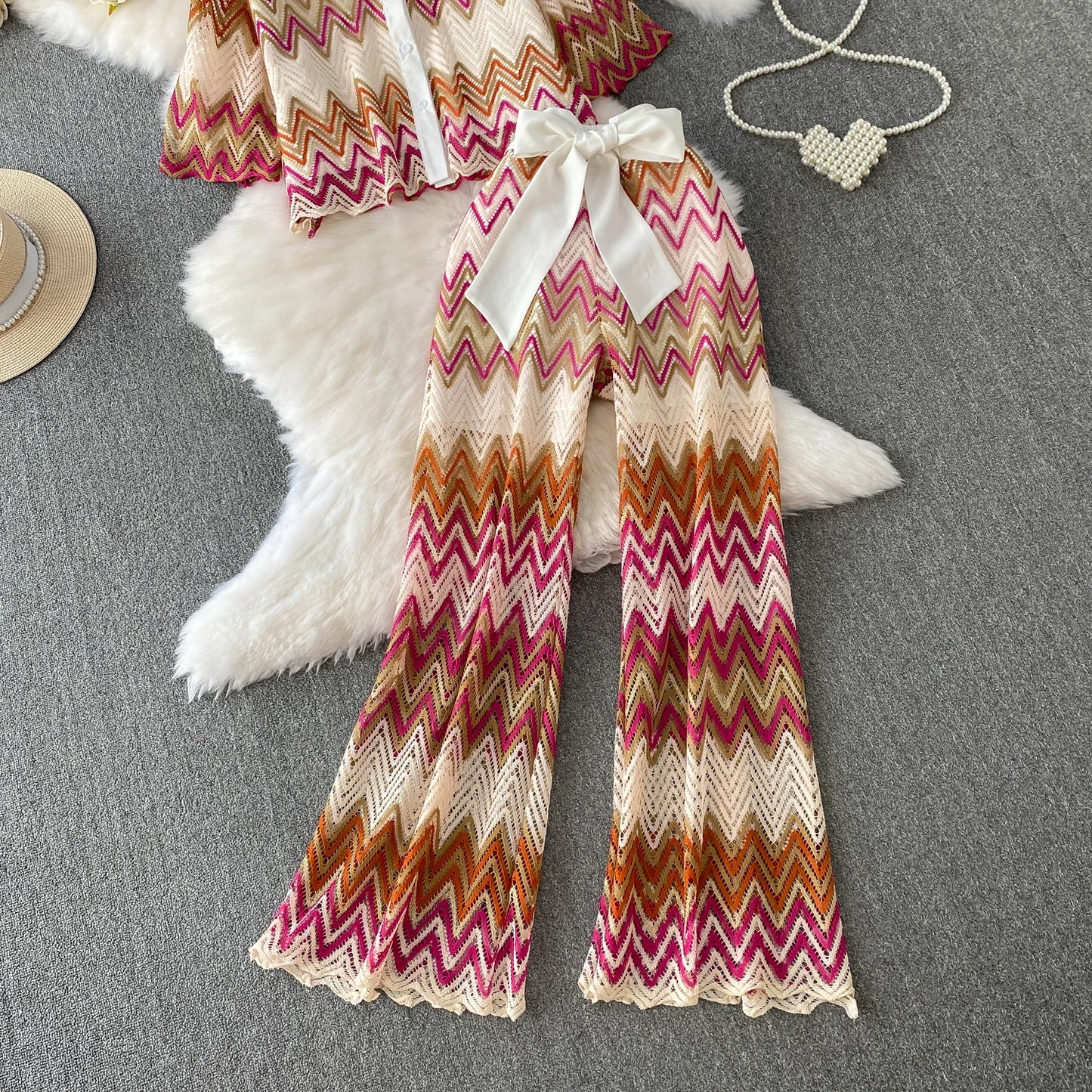 Retro Hollow out Wave Knit Set