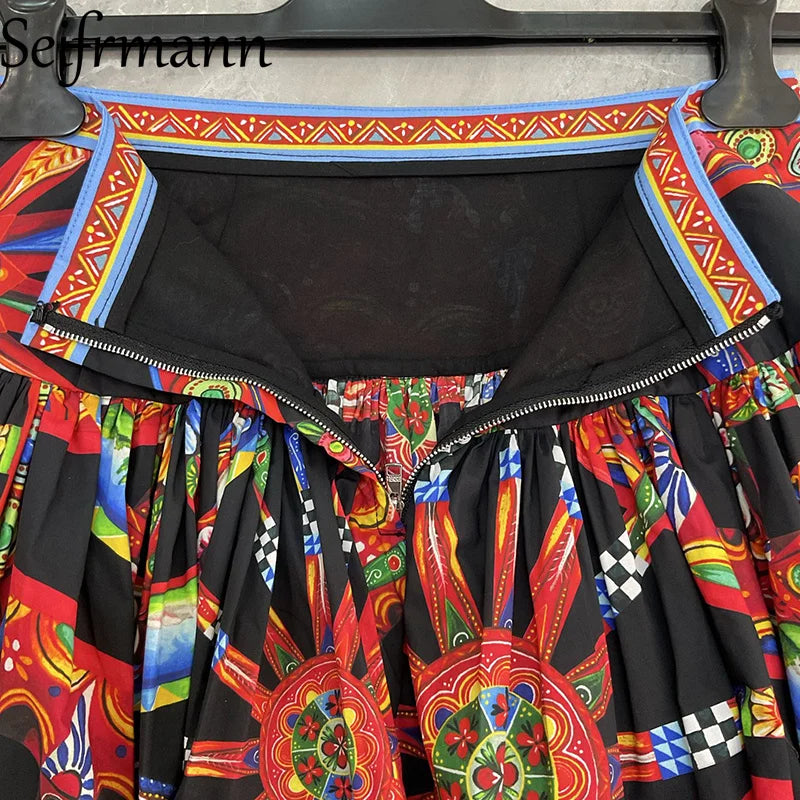 Seifrmann Casual printed cotton two-piece square neck sleeveless top high waist skirt suit 2026 autumn women's new style - Shellss