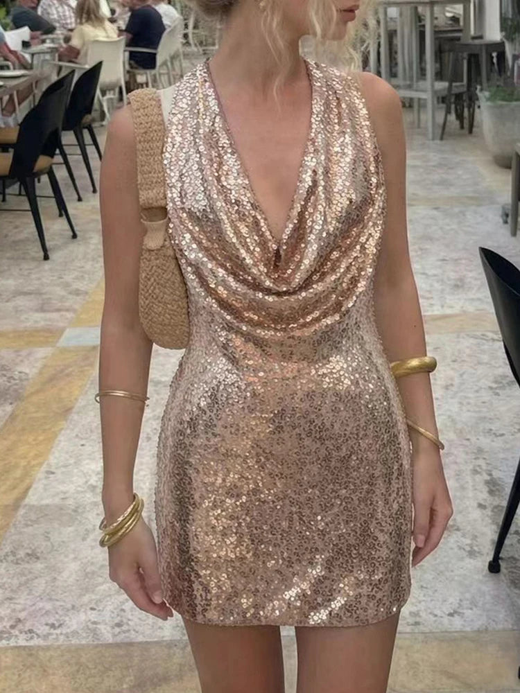 Casual Sleeveless Bodycon Short Party Dresses Women Sexy Halter Glitter Sequin Mini Dress Summer Backless Hollow Slim Hips Dress - Shellss