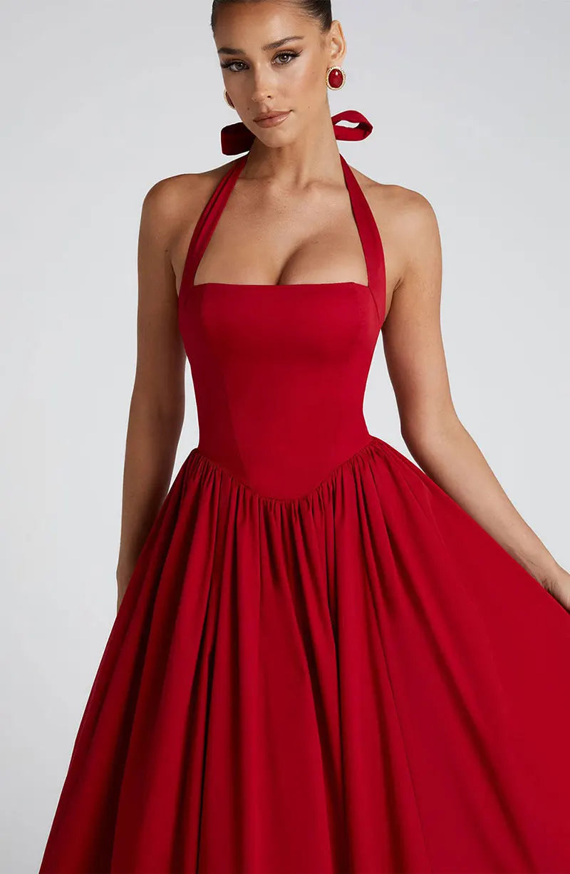 Red Midi Mesh Back Bandage Halter
