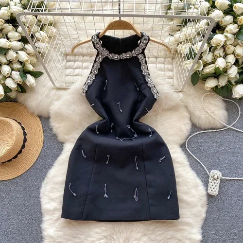 French Chic Elegant Mini Dress Sequined Beading Halter Off-shoulder Sleeveless Vestidos De Mujer Female Evening Dresses Dropship