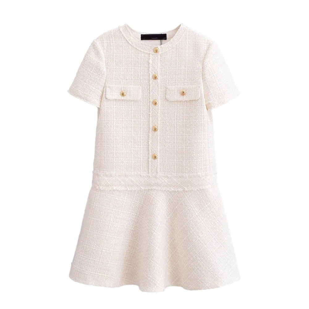 Chic O-Neck Party Dress Women Texture Pocket Single-Breasted premium