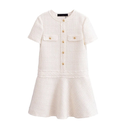 Chic O-Neck Party Dress Women Texture Pocket Single-Breasted premium