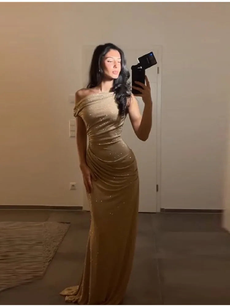 Elegant One Shoulder Sequins Party Dress Chic Sexy Backless Fold Design Slim Fit Female Long Gown 2026 NEW Party Evening Outfits