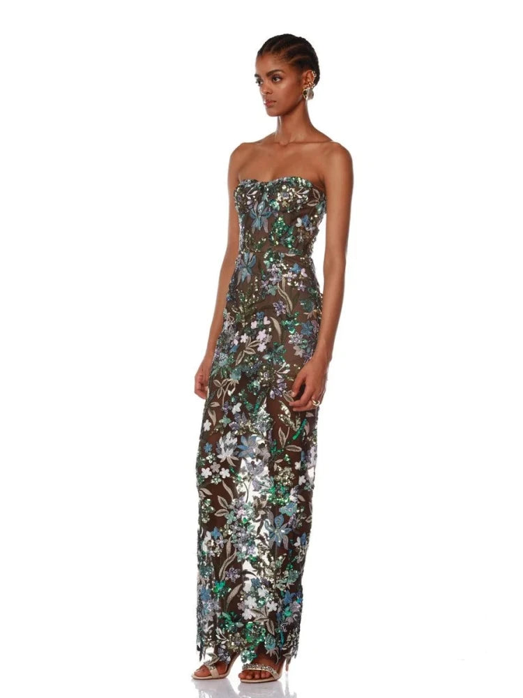 Sexy Strapless Floral Sequin Long Dress