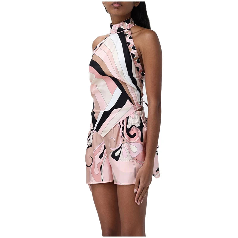 Women Geometric Printed Tank Shorts Skirt 3 Pieces Sets Halter Irregular Skirts  Backless Vest Wide Leg Shorts Holiday Lady Suit - Shellss