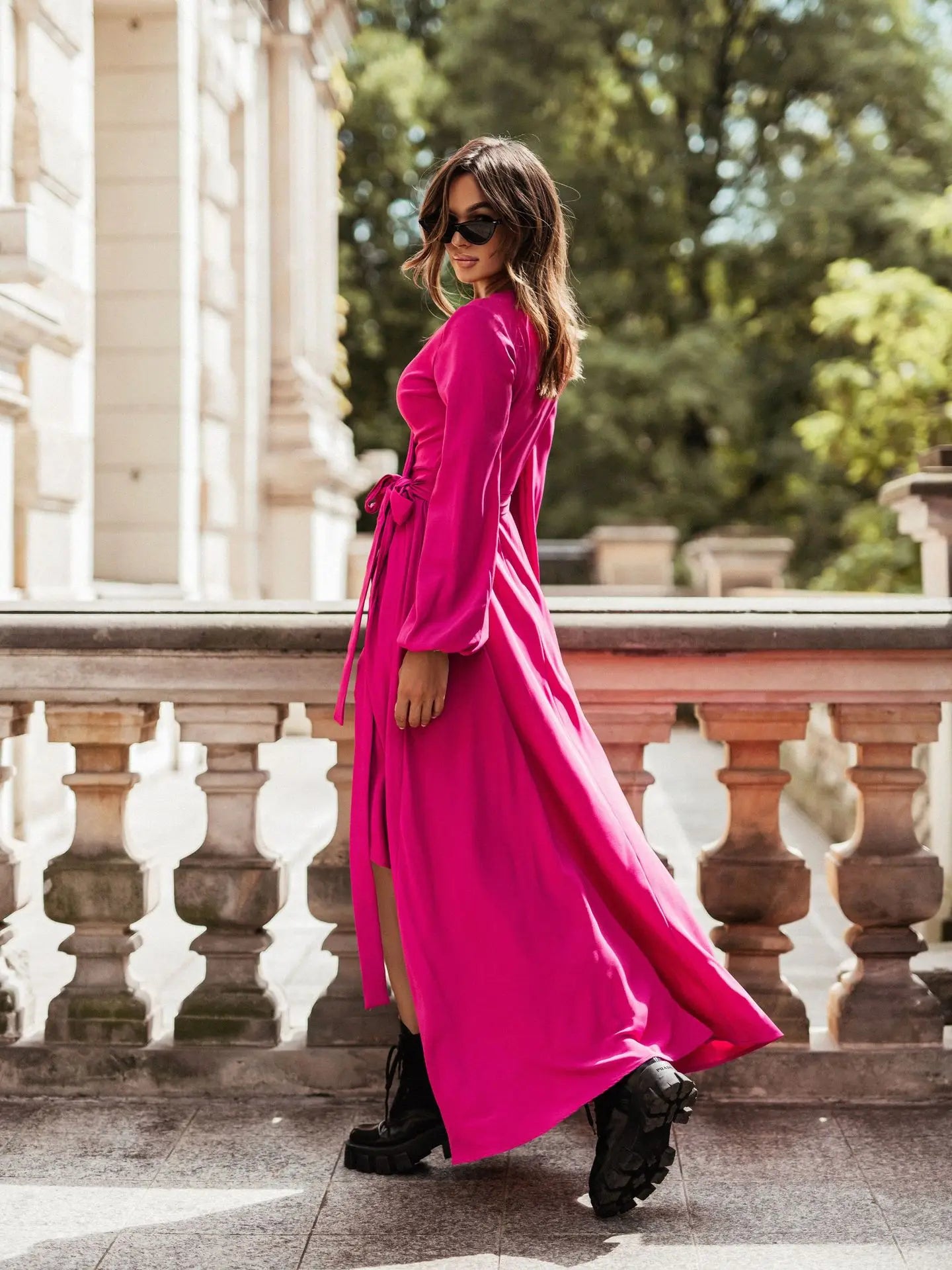 Pink Long Dress Women Autumn Long Sleeve Solid Color