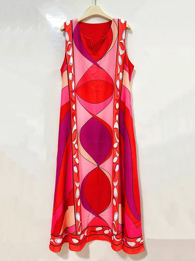 2026 Summer Women's Clothing Retro Geometric Print V-neck Pullover Sleeveless Dress Fashion Loose Large Size A-Line Tank Top - Shellss