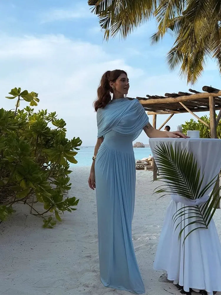 Irregular Shawl Blue Maxi Dress Women's Fashion Turtleneck Slim Fit Pleated Vestidos 2025 New Lady Evening Party Robes Summer - Shellss