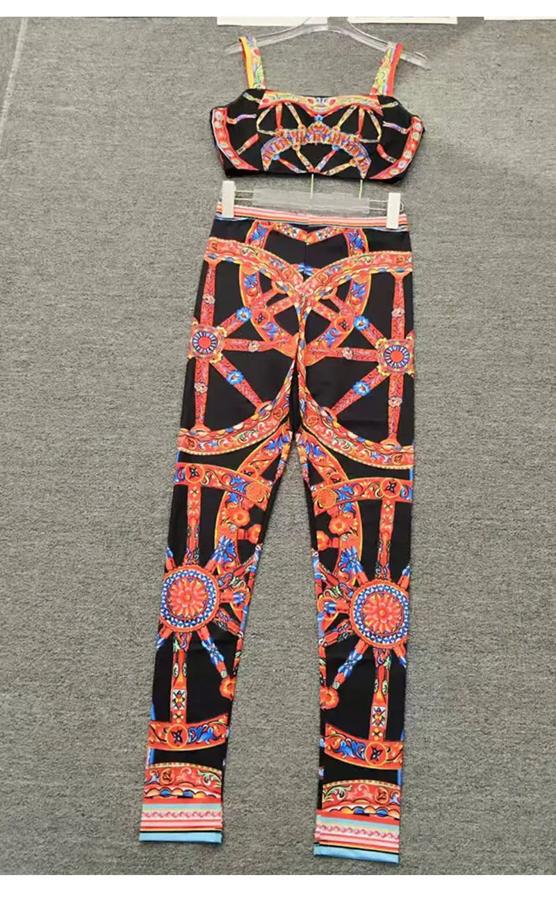 Summer New 2026 Printed Two-Piece Suit with One-Word Collar Sexy Waist-Exposed Top And Elastic Waist Slim Trousers for Holiday - Shellss