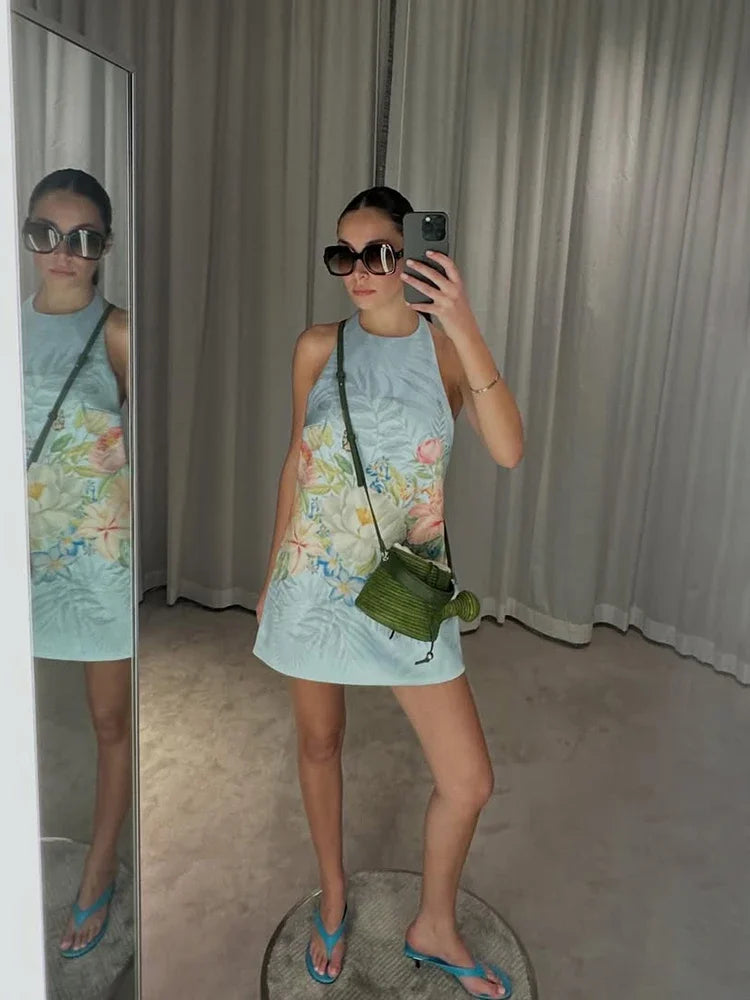 Bohemian Floral Print Halter Neck Mini Dress Women Sexy Sleeveless Backless Short Skirt Lady Summer Party Vacation Beachwear