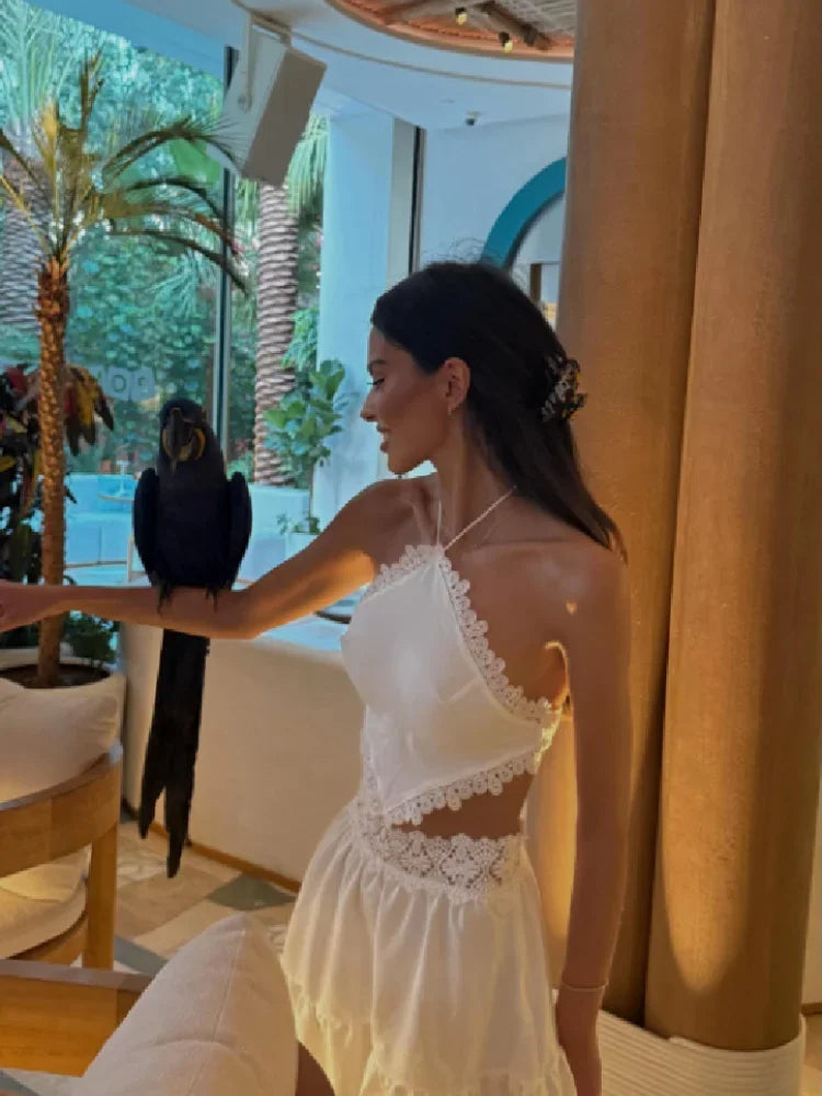 White Lace Halter Triangle Top & Skirt