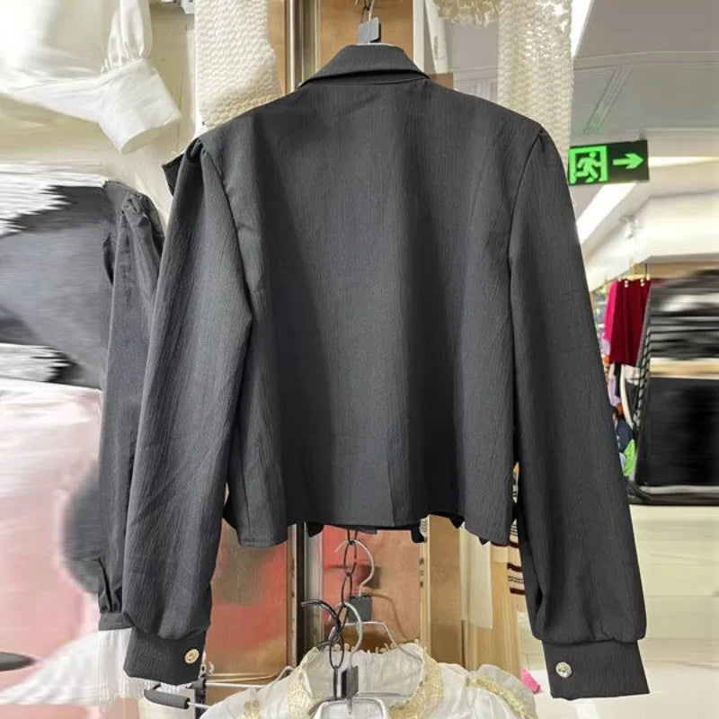 Neploe Heavy Beading Sequin Wing Shirt for Women 2024 New Lapel Neck Black Blouses Y2k Long Sleeve Ruffles Blusas Mujer