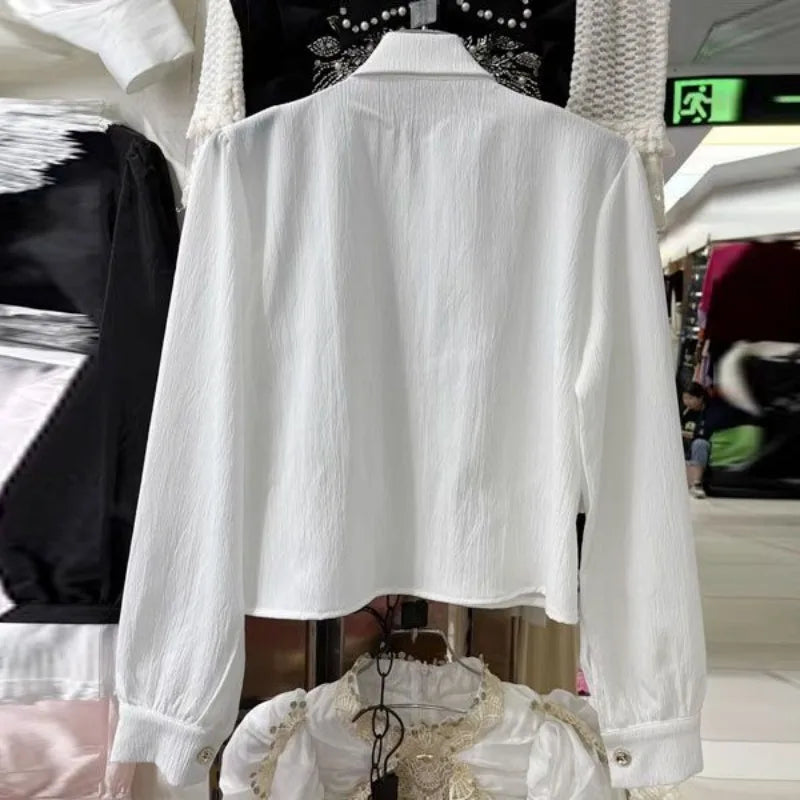 Neploe Heavy Beading Sequin Wing Shirt for Women 2024 New Lapel Neck Black Blouses Y2k Long Sleeve Ruffles Blusas Mujer