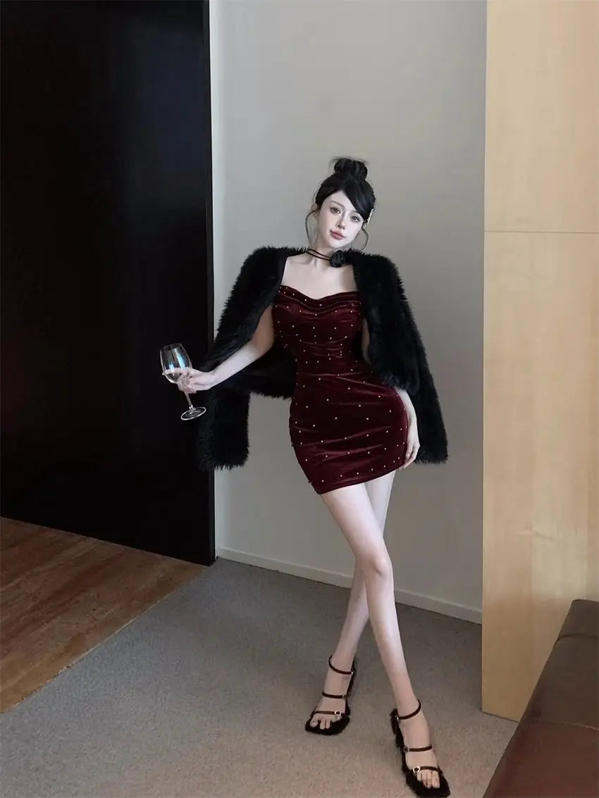 Spring Autumn Solid Color Fashion Slip Dress Women High Street Sexy Slim Pleated Package Hip Dress Embroidered Flares Vestidos