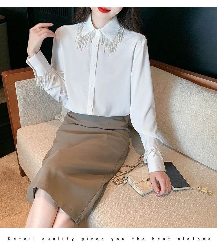 Luxus Perlen Perlen Quasten Weiße Hemden